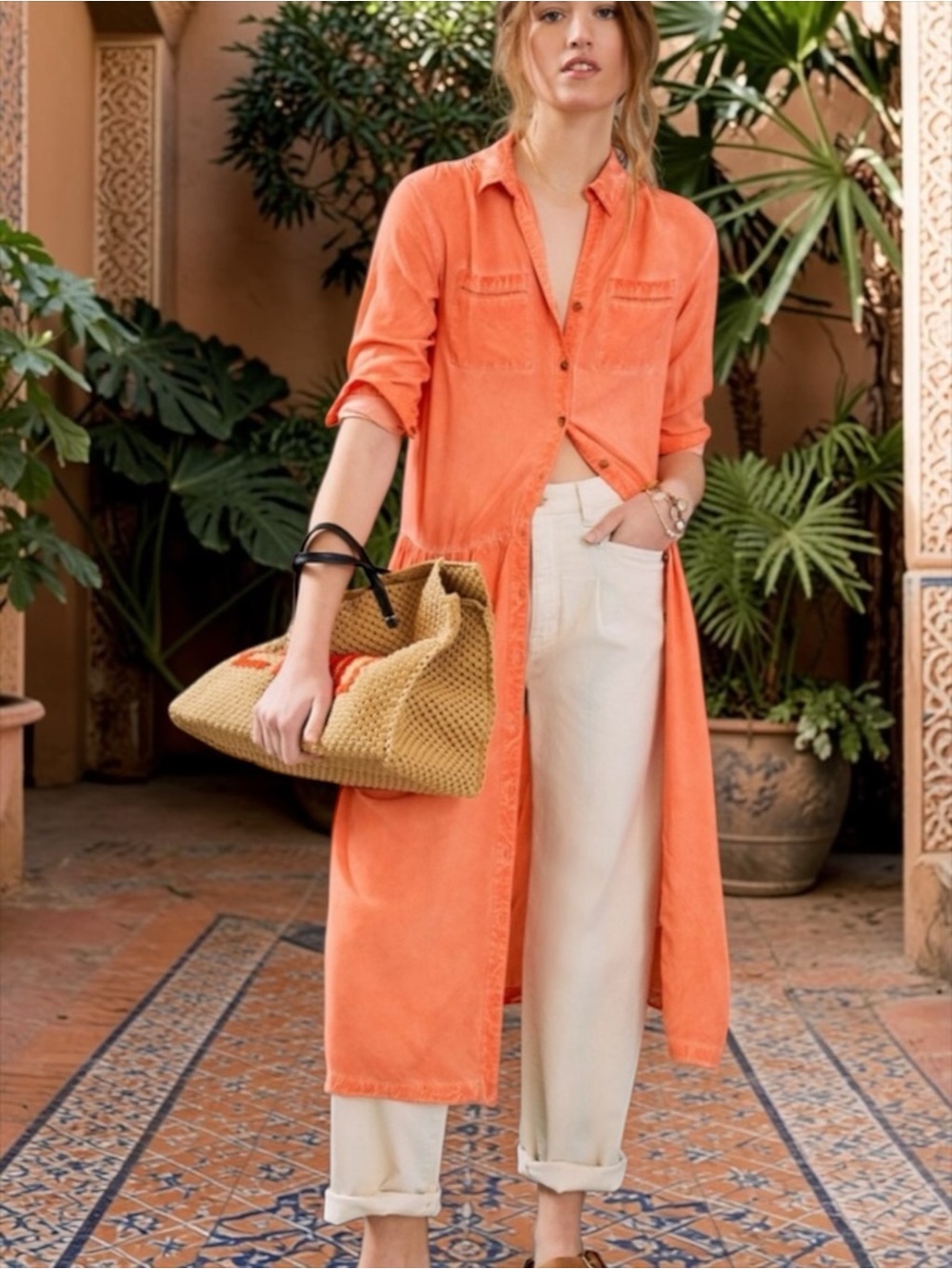 Anthropologie Pilcro Kimberly Button Down Maxi Dress Orange Size M